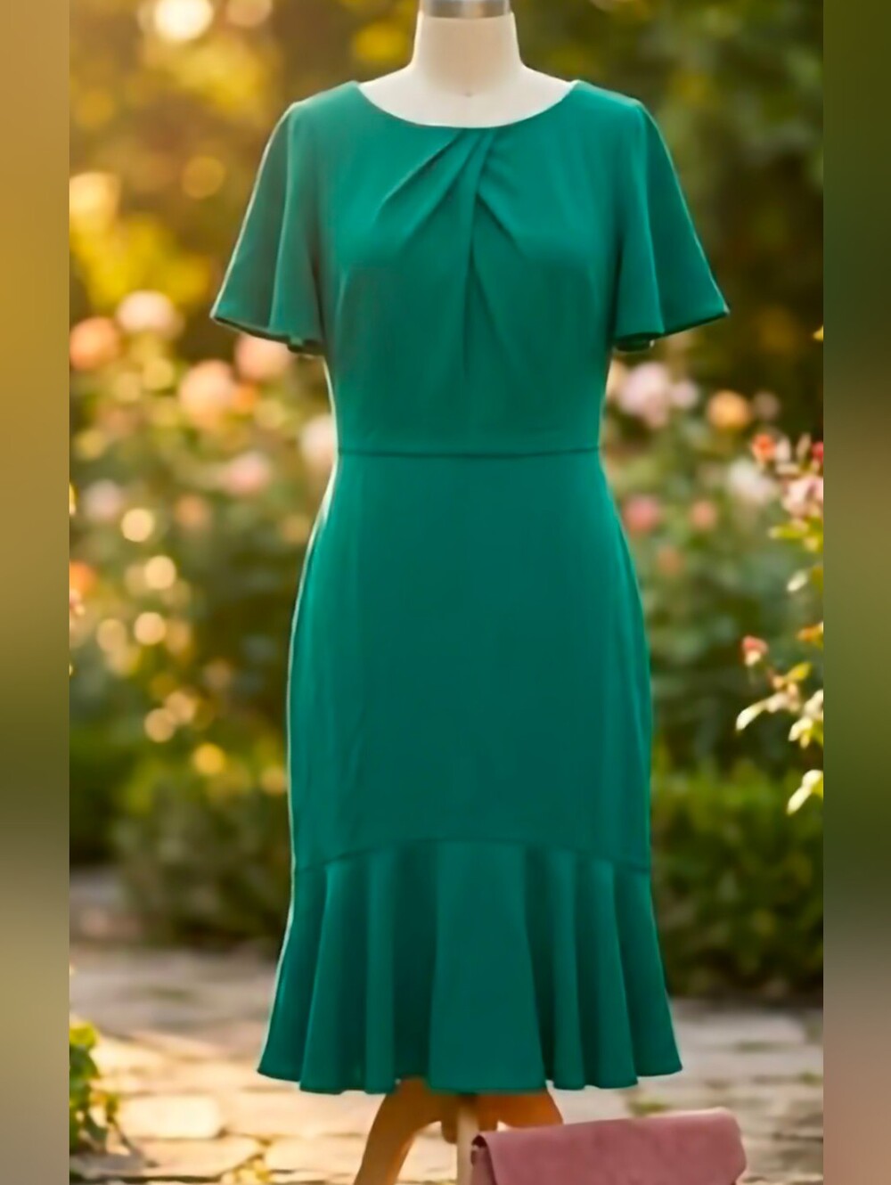 Donna Ricco Emerald Green Midi Dress with Flutter Sleeves